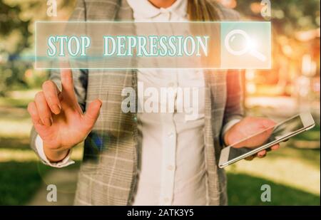 Scrittura a mano testo Stop depressione. La foto concettuale termina i sentimenti di grave disprezzabilità e rifiuto Foto Stock