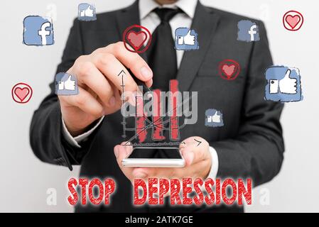 Testo di scrittura di parole Stop depressione. La foto di affari che mostra la fine dei sentimenti di disprezzamento e dejezione severo Foto Stock