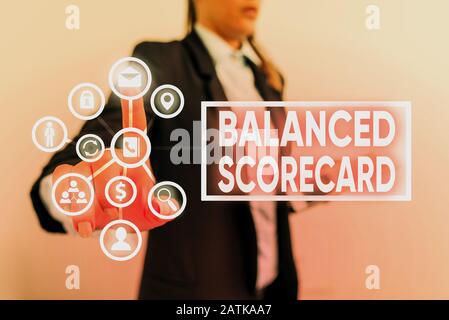 Nota di scrittura che mostra la Balanced Scorecard. Concetto aziendale per una metrica di perforazione utilizzata nell'analisi strategica Foto Stock