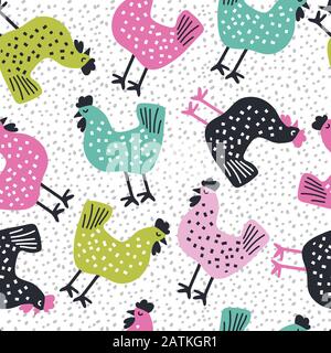 Modello senza cuciture con galline e elementi disegnati a mano texture reative baby Illustrazione Vettoriale