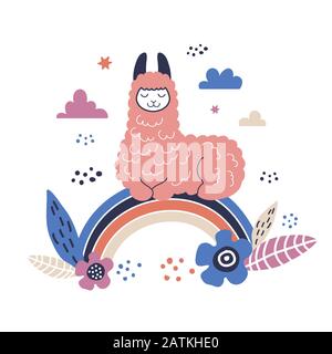 Cute rosa cartone animato lama sull'arcobaleno Illustrazione Vettoriale