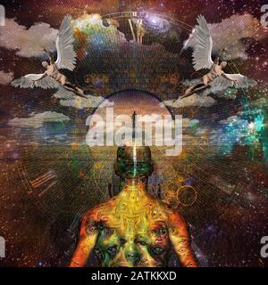 Surrealismo. Figura dell'uomo sulla strada verso il cielo. Uomo con occhi demoniaci strani sulla pelle si alza prima del campo di grano. Gli uomini con le ali rappresentano gli angeli Foto Stock