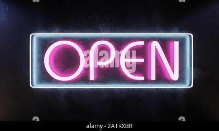 blu e rosa neon open sign concetto di orario di apertura su muro di cemento scuro illuminazione chiave bassa 3d rendere illustrazione Foto Stock