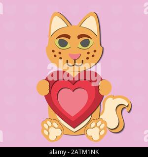 Un vettore di giorno valentines disegno di una carta cute tagliato gatto tenendo un cuore rosso nelle sue zampe. L'animale è rosso/arancione su sfondo blu. Illustrazione Vettoriale