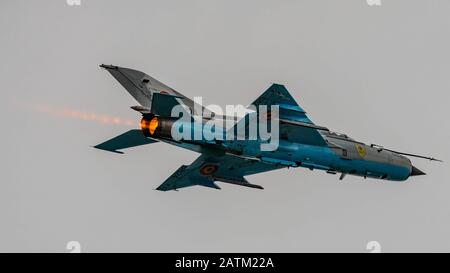 Aereo da combattimento MIG-21 della forza aerea rumena in mostra al Royal International Air Tattoo, RAF Fairford, Regno Unito, il 21st luglio 2019. Foto Stock