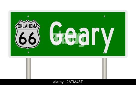 Il rendering di un cartello stradale verde 3d per Geary Oklahoma sulla Route 66 Foto Stock