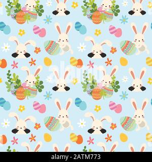 Modello di pasqua senza cuciture con coniglietto, uova, fiori Illustrazione Vettoriale