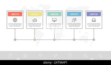Modello infografico vettoriale moderno con rettangoli. Banner aziendale con 5 opzioni e cerchi. Cinque fasi per flusso di lavoro, diagramma, web design, annuale Illustrazione Vettoriale