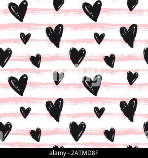 Motivo senza cuciture con cuori e strisce disegnati a mano. Sfondo a righe rosa e bianco e cuori neri dipinti. Stampa moderna per amore, matrimonio, Valen Illustrazione Vettoriale