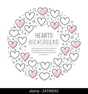Carta romantica con cuori di linea e luogo per il testo. Modello per amore, matrimonio o San Valentino design. Forma ad anello fatta di cuori di contorno isolati sopra Illustrazione Vettoriale