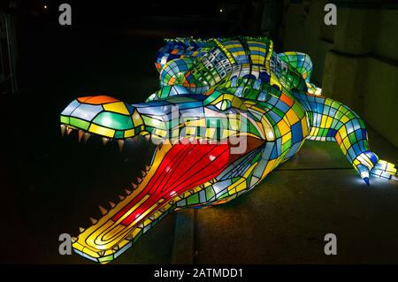 Sydney, Australia - 11 giugno 2016: Scultura leggera di un grande coccodrillo al Taronga Zoo durante l'annuale Vivid Sydney Light Festival. Vivid Sydney A Tarong Foto Stock