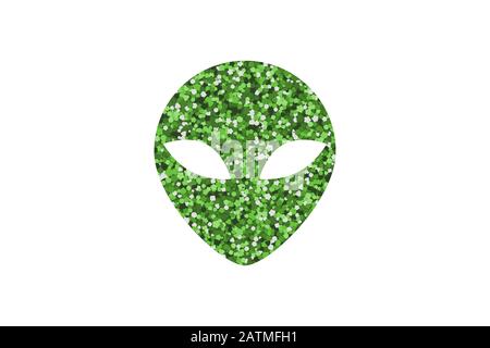 Icona Alien head. Illustrazione del vettore. Texture paillettes verde Illustrazione Vettoriale