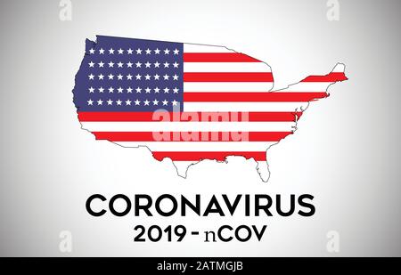 Coronavirus negli Stati Uniti d'America e bandiera nazionale all'interno della mappa del confine del Paese Vector Design. 2019-nCoV con mappa USA con bandiera nazionale Vector Ill Illustrazione Vettoriale