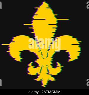 Fleur de lis. Giglio araldico. Simbolo di Mardi Gras. Effetto glitch Illustrazione Vettoriale