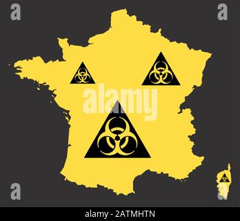Francia mappa con il simbolo del virus a rischio biologico in nero e giallo Illustrazione Vettoriale