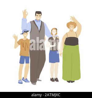 Felice famiglia allegra di uomo, donna e due bambini, ragazzo e ragazza, ondeggiando e tenendo le mani, mostrando OK segno, abbracciandosi l'un l'altro. Illustrazione del vettore Illustrazione Vettoriale