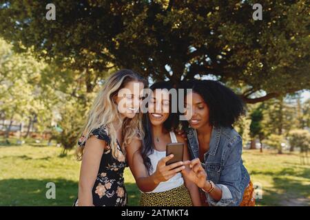 Donne di razza sorridenti e miste che si chiudono nel parco utilizzando il telefono cellulare - felice gruppo di amici femminili che guardano un telefono cellulare all'aperto Foto Stock