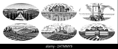 Set Di Vigneti. Piantagione di viti per etichette di bottiglie. Vista panoramica del paesaggio inciso francese o italiano. Montagne Campi Rurali Colline Di Grano. Disegnato a mano Illustrazione Vettoriale