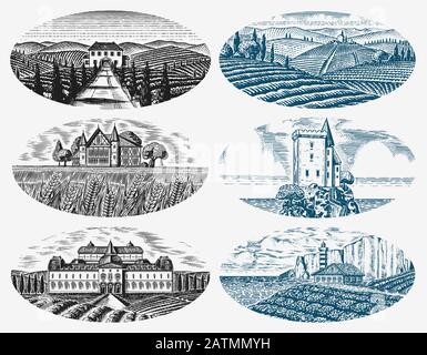 Set Di Vigneti. Piantagione di viti per etichette di bottiglie. Vista panoramica del paesaggio inciso francese o italiano. Montagne Campi Rurali Colline Di Grano Disegnato A Mano Illustrazione Vettoriale