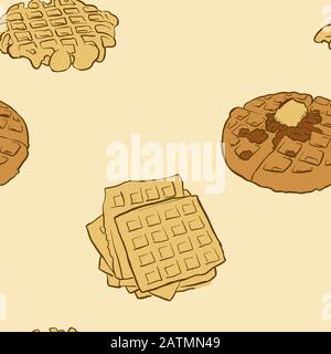 Modello senza cuciture di pane belga di cialda. Utilizzabile per carta da parati o decorazioni di qualsiasi dimensione. Illustrazione Del Vettore Disegnato A Mano Illustrazione Vettoriale
