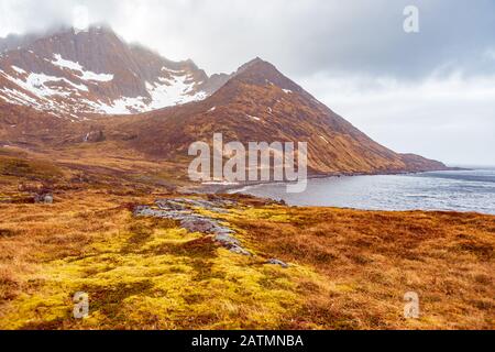 La vista del paesaggio di Senja isola vicino Mefjordvaer in Norvegia Foto Stock