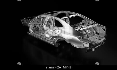 Vista laterale della produzione berlina, scocca in acciaio inox o alluminio e telaio. Base in struttura metallica per veicoli isolata su sfondo nero Foto Stock
