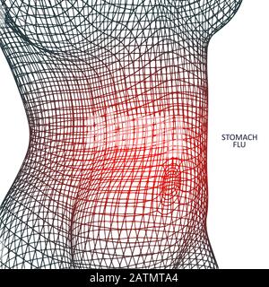 Testo di influenza dello stomaco. Silhouette di telaio di filo di donna che soffre di malattia. Illustrazione Vettoriale