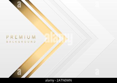 Contesto tecnologico del lusso vettoriale. Strato di materiale di carta bianca con striscia d'oro. Carta da parati con luce premium a forma d'oro con freccia. Illustrazione Vettoriale