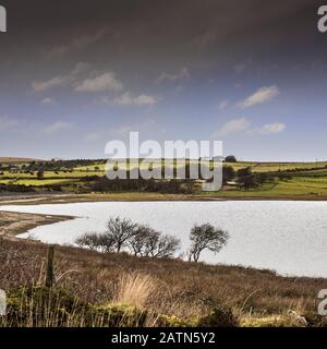 Il robusto tetro brughiera intorno al lago Colliford su Bodmin Moor in Cornovaglia. Foto Stock