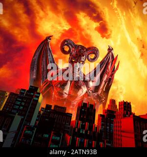 Red Devil Dawn / 3D illustrazione di spaventoso futuristico fantascienza teschio affrontato demone robot salire sopra la città Foto Stock