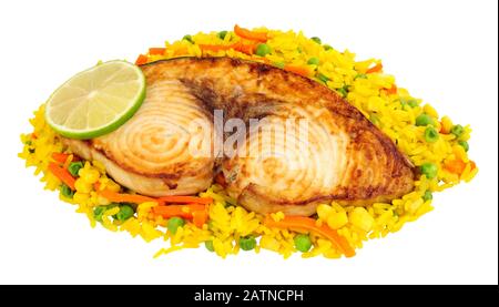 Filetto di pesce spada alla griglia e riso vegetale isolato su sfondo bianco Foto Stock