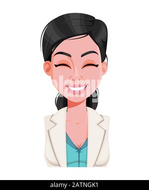 Espressione facciale di bella giovane donna del medico, ridendo. Emozione femminile. Carino personaggio cartone animato. Immagine del vettore stock isolata su backgro bianco Illustrazione Vettoriale