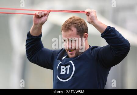 Oriam Sports Performance Centre, Riccarton, Edimburgo, Scozia. UK .4th-Feb-20 sessione di formazione Scottish Rugby Allan Dell (London Irish) prima del 2020 incontro Guinness Six Nations contro l'Inghilterra a Murrayfield . Credito: Eric mccowat/Alamy Live News Foto Stock