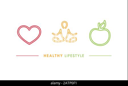 Uno stile di vita sano icone cuore yoga e apple illustrazione vettoriale EPS10 Illustrazione Vettoriale