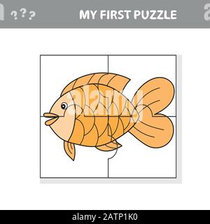 Pesce in stile cartone animato, gioco di educazione per lo sviluppo di bambini prescolare, tagliare parti dell'immagine - il mio primo puzzle Illustrazione Vettoriale