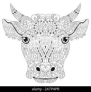 Testa modellata del toro, illustrazione vettoriale in stile zentangle. Illustrazione Vettoriale