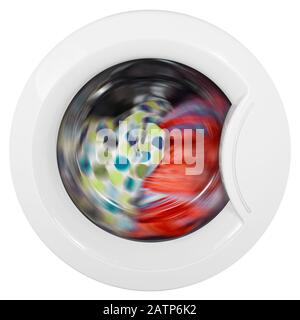 Porta lavatrice con indumenti rotanti all'interno su sfondo bianco isolato Foto Stock