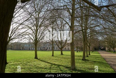 Courtyard at Downing College, università di Cambridge, Inghilterra, in una soleggiata giornata invernale. Foto Stock