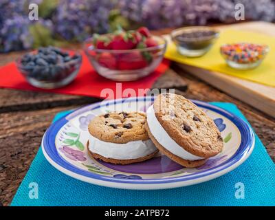 Sandwich di gelato al cioccolato su piastra. Foto Stock