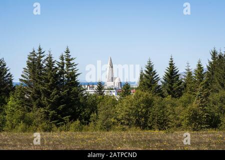 Hallgrimskirkja chiesa vista dal Perlan Islanda giugno 2019 Foto Stock