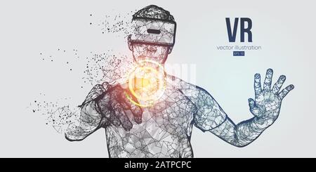 Visore VR con banner vettoriale a basso reticolo olografico a basso reticolo. Uomo poligonale che indossa occhiali di realtà virtuale. Giochi VR in riproduzione Illustrazione Vettoriale
