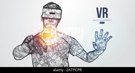 Visore VR con banner vettoriale a basso reticolo olografico a basso reticolo. Uomo poligonale che indossa occhiali di realtà virtuale. Giochi VR in riproduzione Illustrazione Vettoriale