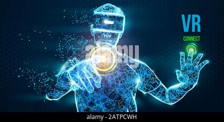 Visore VR con banner vettoriale a basso reticolo olografico a basso reticolo. Uomo poligonale che indossa occhiali di realtà virtuale. Giochi VR in riproduzione Illustrazione Vettoriale