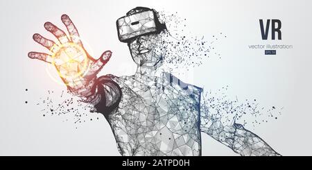 Visore VR con banner vettoriale a basso reticolo olografico a basso reticolo. Uomo poligonale che indossa occhiali di realtà virtuale. Giochi VR in riproduzione Illustrazione Vettoriale