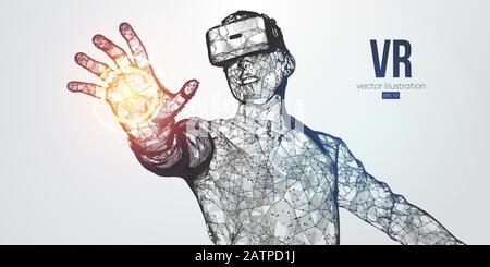 Visore VR con banner vettoriale a basso reticolo olografico a basso reticolo. Uomo poligonale che indossa occhiali di realtà virtuale. Giochi VR in riproduzione Illustrazione Vettoriale