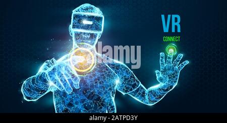 Visore VR con banner vettoriale a basso reticolo olografico a basso reticolo. Uomo poligonale che indossa occhiali di realtà virtuale. Giochi VR in riproduzione Illustrazione Vettoriale