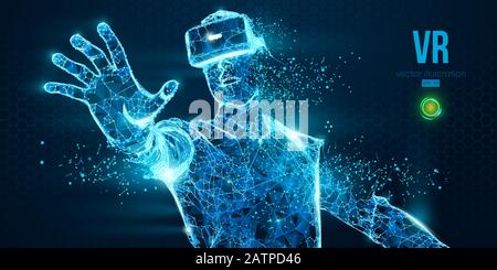 Visore VR con banner vettoriale a basso reticolo olografico a basso reticolo. Uomo poligonale che indossa occhiali di realtà virtuale. Giochi VR in riproduzione Illustrazione Vettoriale