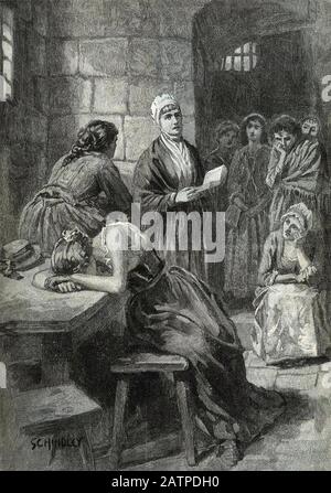 Elizabeth FRY (1780-1845) il riformatore di prigione inglese ha mostrato qui la lettura di detenuti femminili della prigione di Newgate Foto Stock