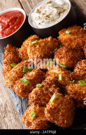 Pollo croccante al cocco con due salse primo piano su una tavola di ardesia sul tavolo. Verticale Foto Stock