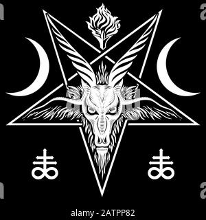Il pentagramma, il segno di Lucifero. La testa di un gat cornuto in un pentagramma. Veglia di Baphomet Illustrazione Vettoriale